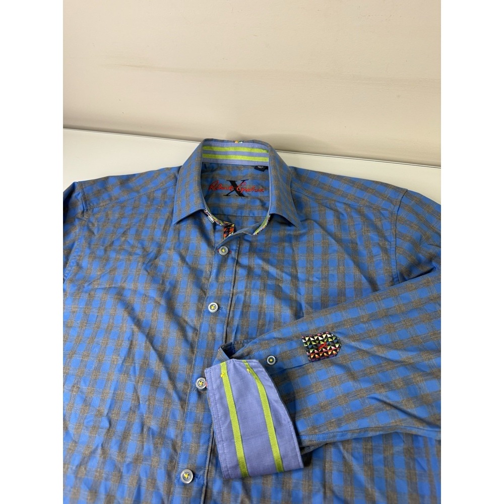 Mens Robert Graham Flip Cuff Button Up Shirt Size Medium Blue & Gray Checker